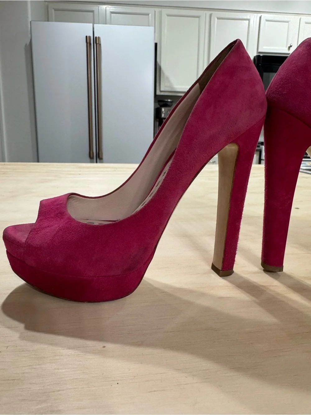 Miu Miu Hot Pink Suede Peep-Toe Platform Pumps